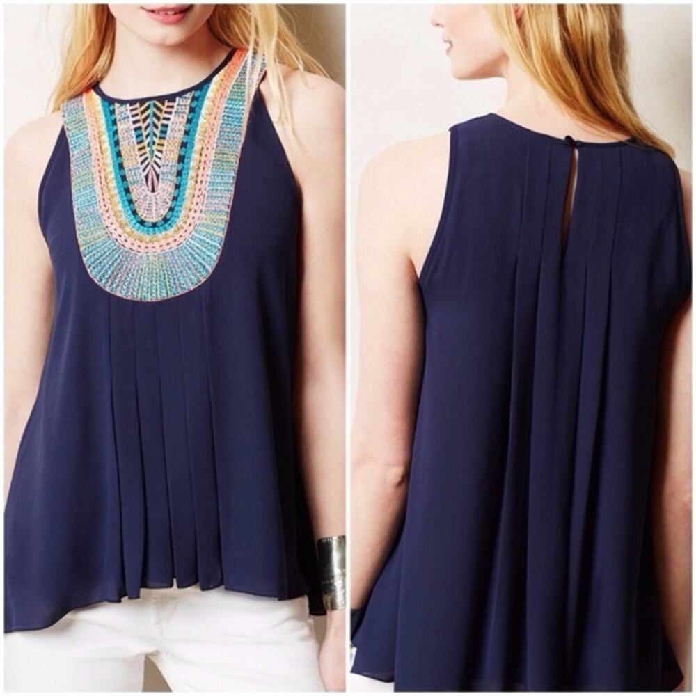 ANTHROPOLOGIE Ranna Gill Navy Pink Embroidered Swing Tank Top Shirt Blouse S